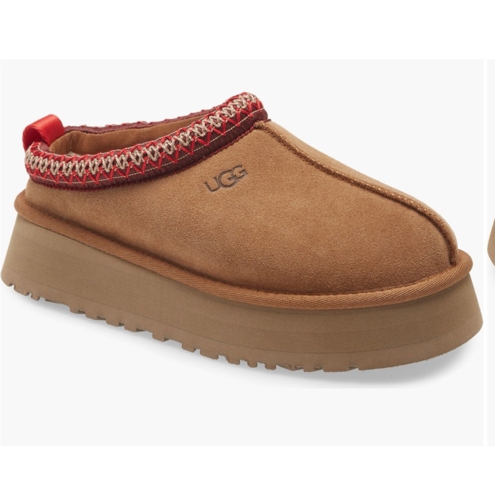 UGG Tan Platform Slippers with Red Accent